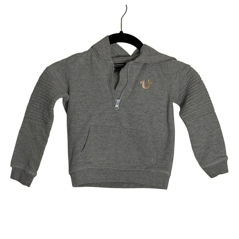True‎ Religion Kids 2T Heather Gray Quarter Zip Moto Hoodie Gold Foil Logo